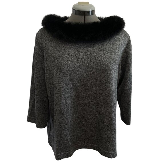 Real Comfort Tops - Real Comfort Women’s Grey Top W/ Black Faux Fur Collar 3/4 Sleeves Size XL